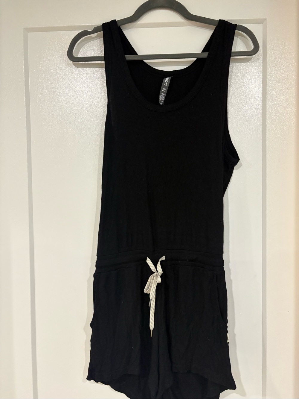 Vuori Black Ribbed Tank Romper with White Drawstring